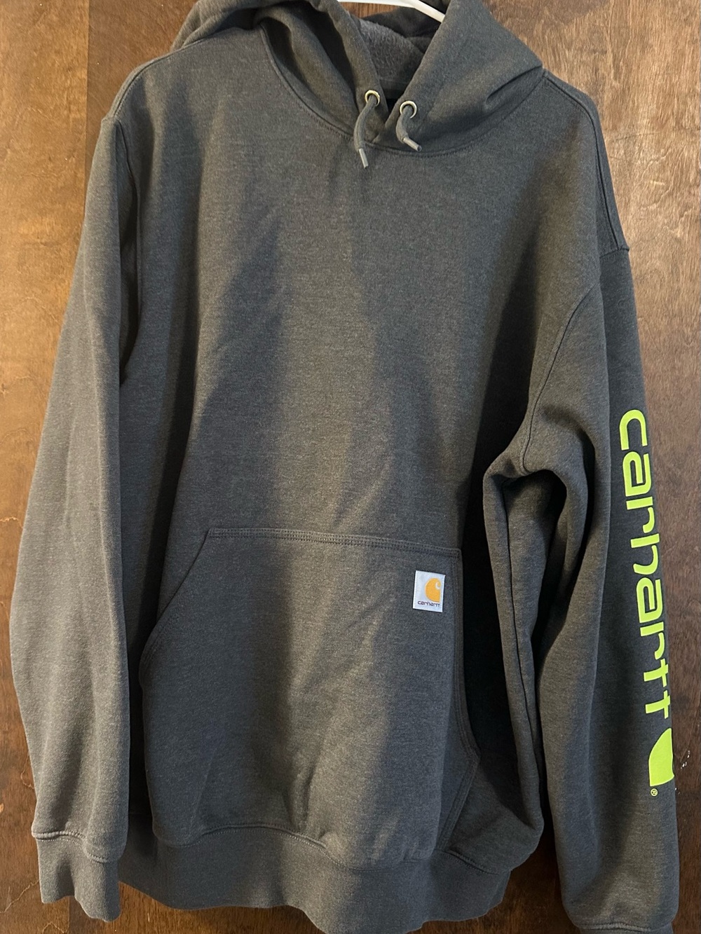 Carhartt Men’s Charcoal Hooded Sweatshirt with Lime Sleeve Logo